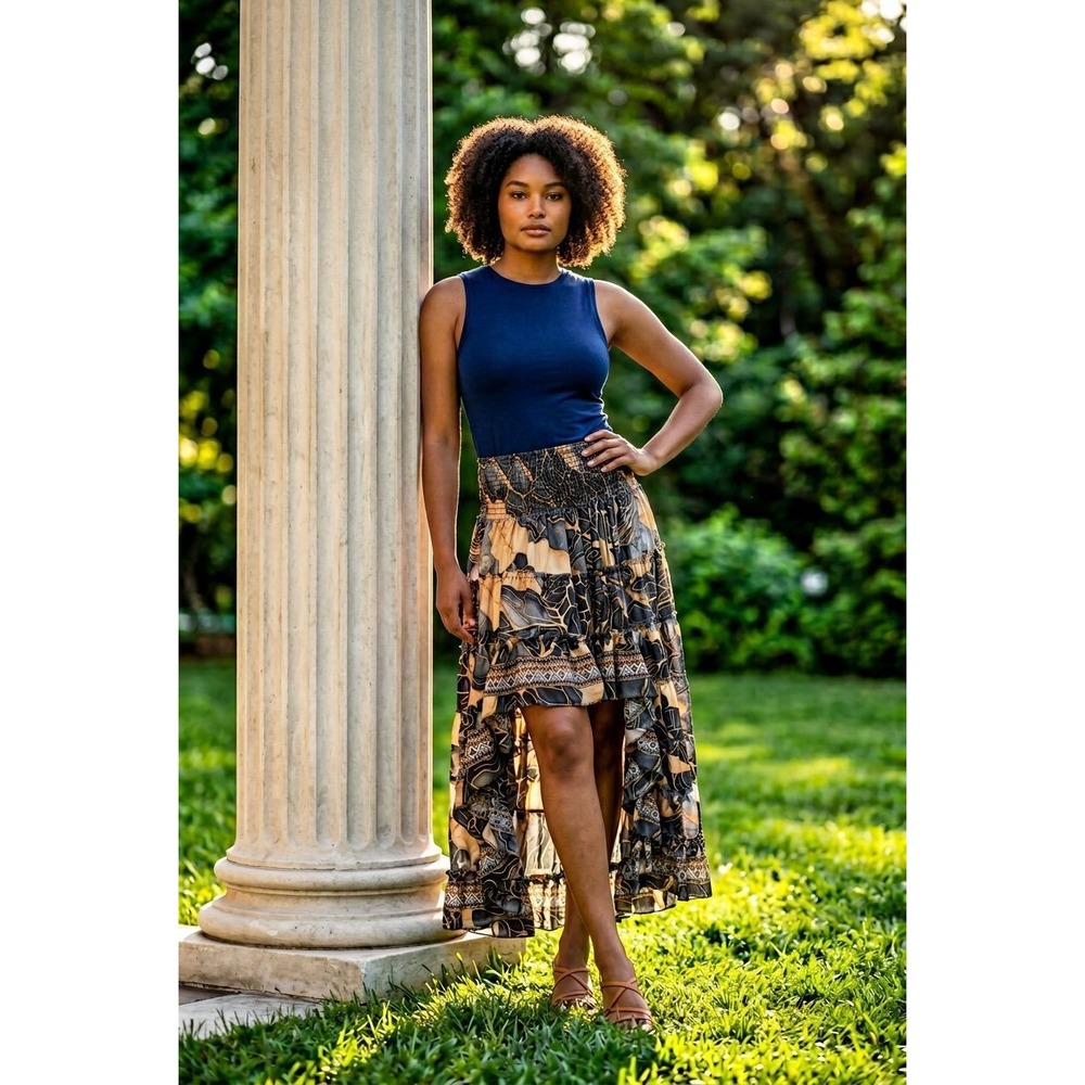 Boho Abstract Floral Smocked High-Low Tiered Ruffle Maxi Skirt Blue Tan